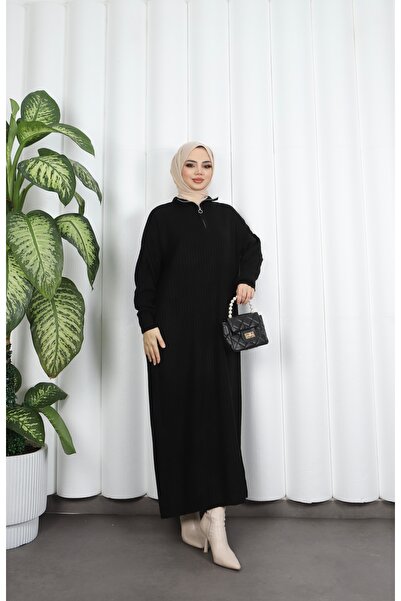 NİSUM MODA Corded Fabric Zippered Knitwear Dress