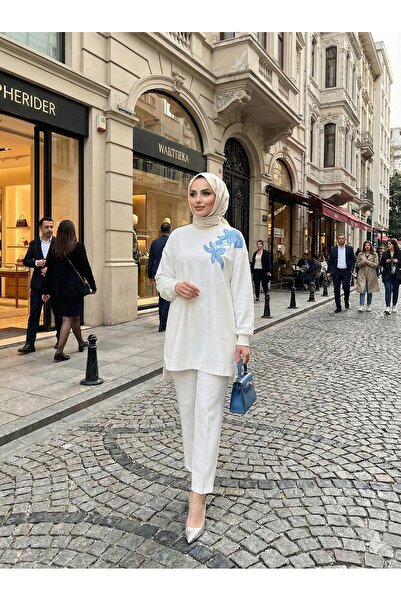 Moodbasic TAŞ İŞLEMELİ ÇİÇEK APLİKELİ KREP TUNİK