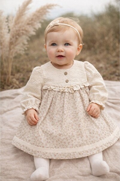 Pure Boutique Rochita bebe fetita eleganta crem cu imprimeu floral dantela si...