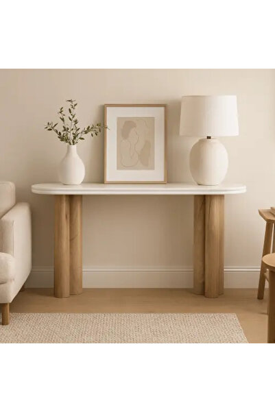 Palma homez Elegant Console with Dark Wooden Top and Cylindrical Bases - Ligh...