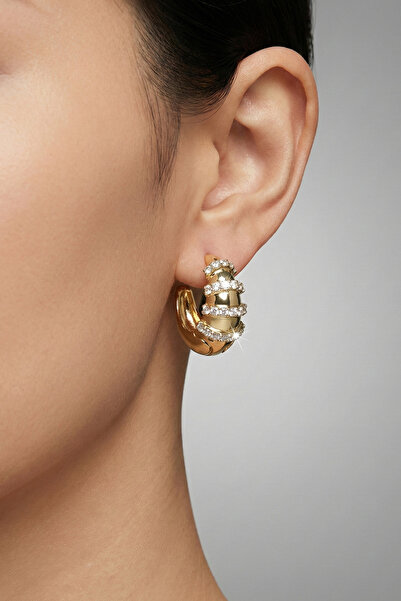 Modacaprea Çelik 14K Taşlı Halka Klipsli Kadın Küpe Kararmaz Kadın Takı Çelik...