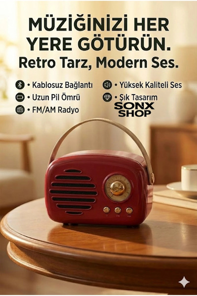 renklime Nostaljik Retro Bluetooth Hoparlör - FM Radyo, USB ve Bluetooth Kabl...