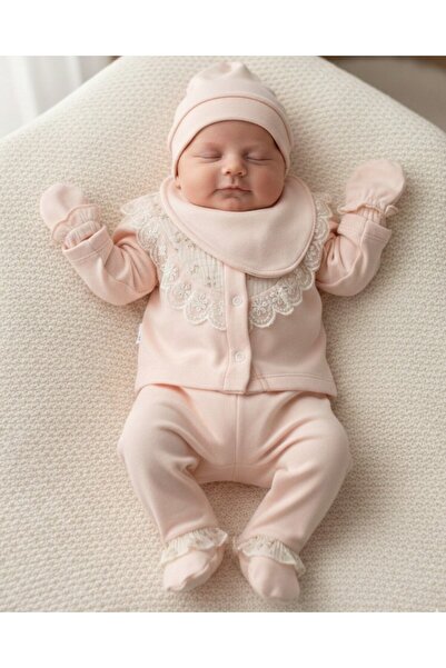 VOY KİDS Kız Bebek 5'li Dantel Detaylı, Hastane Çıkışı Zıbın Seti %100 Pamukl...