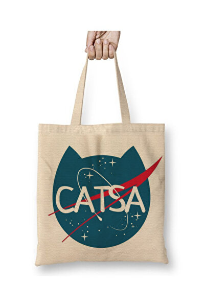 Toyaso Catsa Nasa Cat Space Astronaut White Cloth Bag Long Handle Shopping Ba...