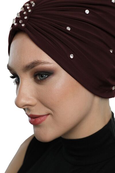 elysianfidan Zeni Stone-Lined Handcrafted Embroidered Brown Ready-To-Wear Tur...