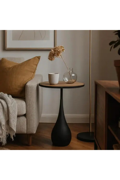 Palma homez Round Side Table with Wooden Top and Metal Base – Black and Brown...