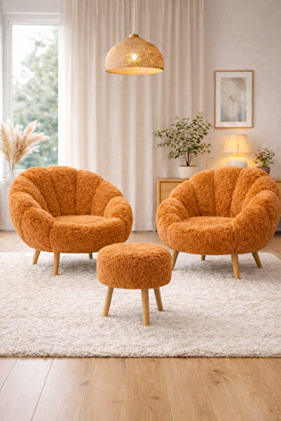 DEKOR MOBİLYACIM Monaco 2 Koltuk Çay Seti & Puf Hediyeli 3'lü Berjer Takımı K...