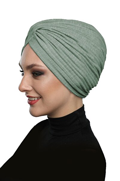 elysianfidan Crossed Combed Cotton Lined Water Green Ready-To-Wear Turban Hij...
