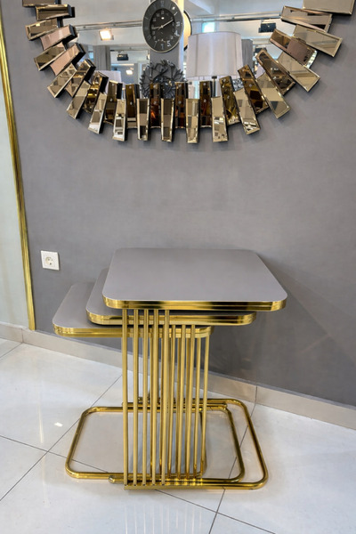 Riyes Tasarım Piyano Üçlü Zigon GOLD Kaplama 3 lü Hayglass Mdf Modern Sehpa -...