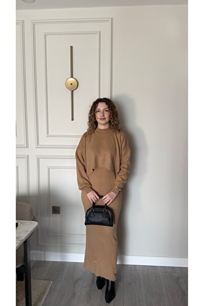 Nurgül Dilemen Camel Kazaklı Triko Elbise İkili Takım