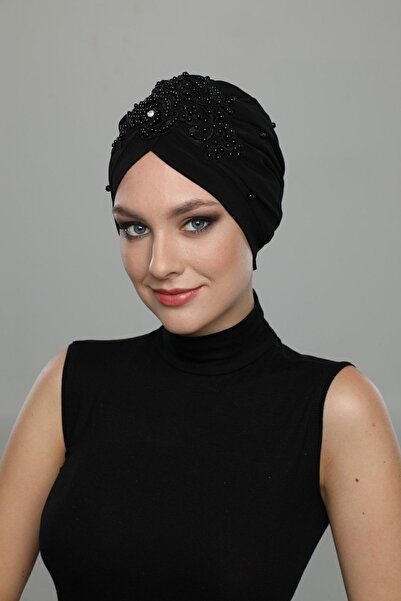 elysianfidan Kopma Astarlı Işlemeli Siyah Gül Motifli Hazır Türban Tesettür A...