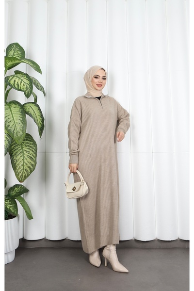 NİSUM MODA Corded Fabric Zippered Knitwear Dress