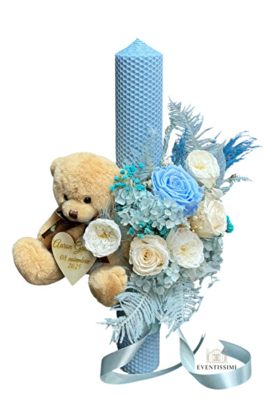 Eventissimi Baby blue boy baptism candle with cryogenic flowers and teddy bea...