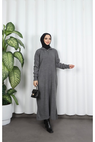 NİSUM MODA Corded Fabric Zippered Knitwear Dress