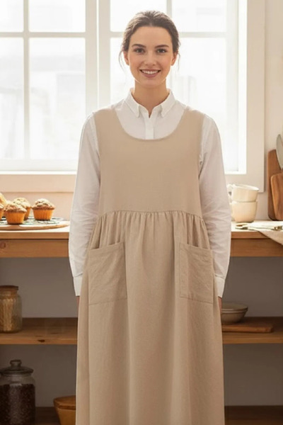NorthStyle Keten Pamuklu Önlük Elbise – Önlük, Uzun Mutfak Önlüğü, Kır Evi Ta...