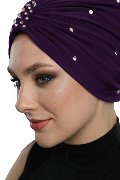 elysianfidan Zeni Taşlı Astarlı El İşi İşlemeli Mor Hazır Türban Tesettür Abi...