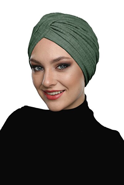 elysianfidan Crossed Combed Cotton Lined Pine Green Ready-To-Wear Turban Hija...