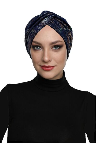 elysianfidan Cross Patterned Fukuro Lined Navy Blue Ready-To-Wear Turban Hija...
