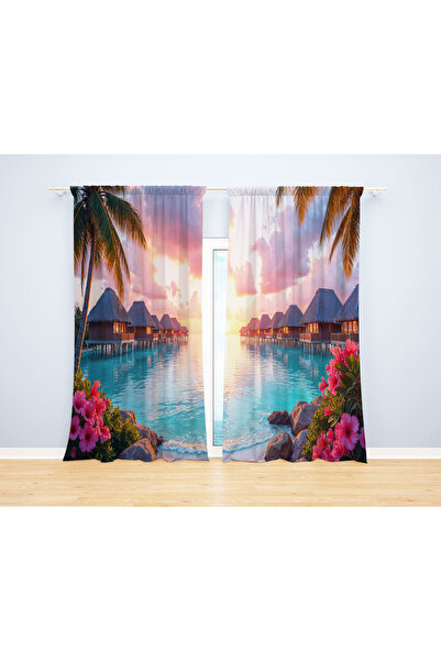 Home Maldives Coast Sea Patterned 3D Digital Printed 2 Wing Background Curtai...