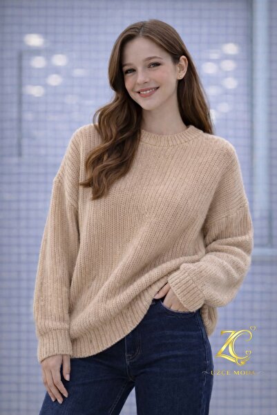 UZÇE MODA Biscuit Color Crew Neck Oversize Women's Knitwear Sweater