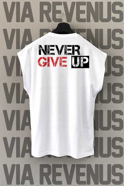 Vordevia Never Give up Gym Back Printed Zero Sleeve 100% Cotton Sports Tshirt