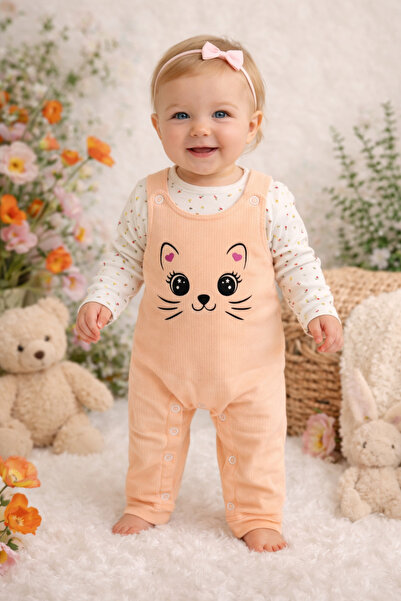 Aytini Fitilli Kedi Baskılı Kız Bebek Bahçıvan Salopet Tulum 3Ay,6Ay,9Ay