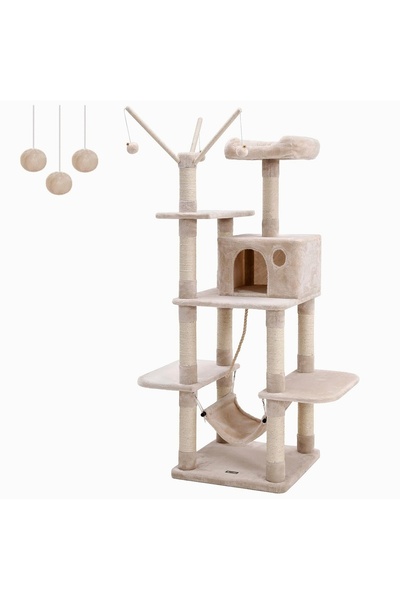 XXL Tırmanma Ağacı, Hamaklı Sağlam Tırmalama Direği, Mağara, Oyun Sisal, 154 cm, Duman Grisi Bej Açı