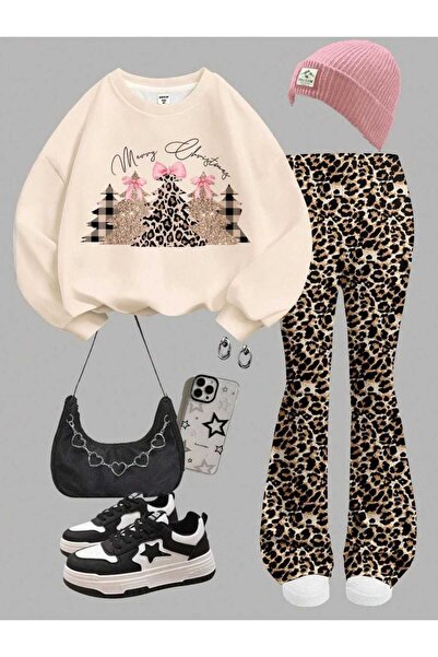 VESTIR BIEN Set de Crăciun fericit pentru fete, imprimat, cu top bej și panta...