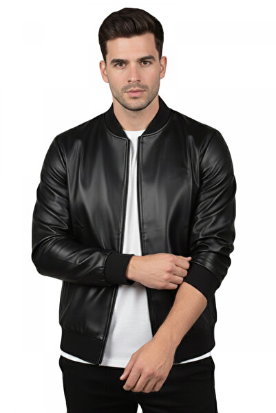 DeepSEA سترة سوداء من الجلد الصناعي بقصة ضيقة وياقة كلاسيكية - معطف رجالي مطر...