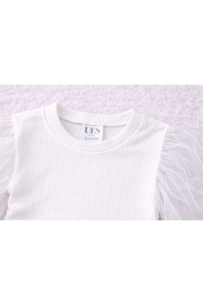 ues White Tulle Sleeved Ribbed Blouse