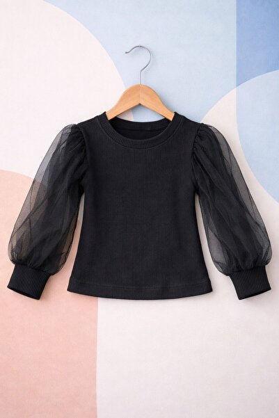 ues Black Tulle Sleeved Ribbed Blouse