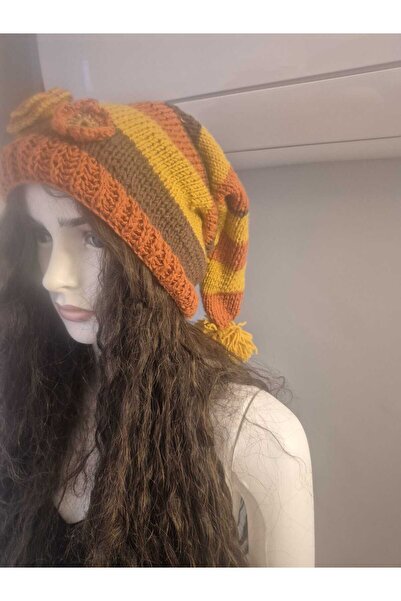 Hobiuniverse El Örgüsü Kadın Turuncu Sarı Kahverengi Çizgili El Örgüsü Kukule...