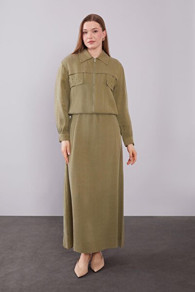 Levidor طقم سترة بسحاب بتفاصيل حجرية باللون الكاكي