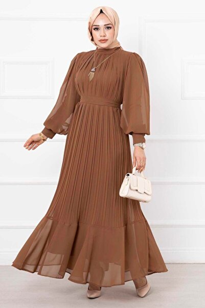 EBRUTESETTÜR Organza Sleeves Hijab Evening Dress Brown