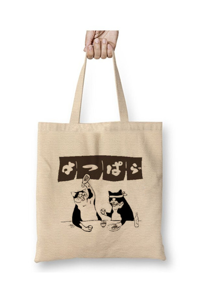 Toyaso Japanese Cat White Cloth Bag Long Handle Shopping Bag Beach Bag