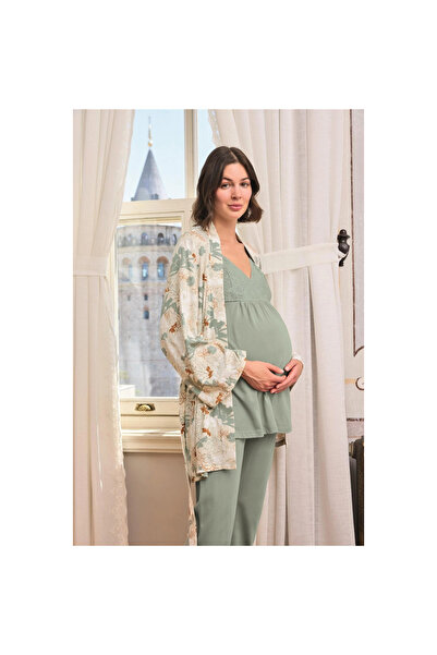 Narnuga Flower and Leaf Patterned Lace Maternity Maternity 3-Piece Pajama Set