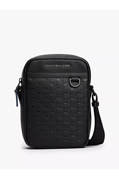 Tommy Hilfiger Men's Leather Adjustable Strap Metal Logo Black Shoulder Bag A...