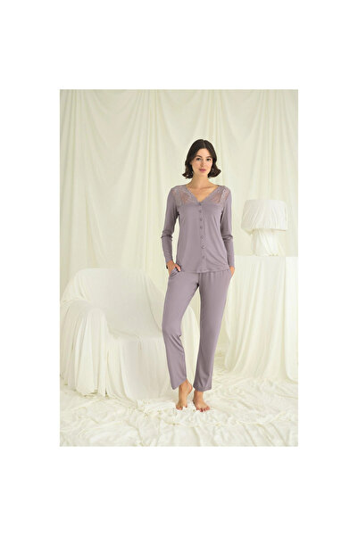 Narnuga Collar Sleeve and Shoulder Lace Full Button Pajama Set