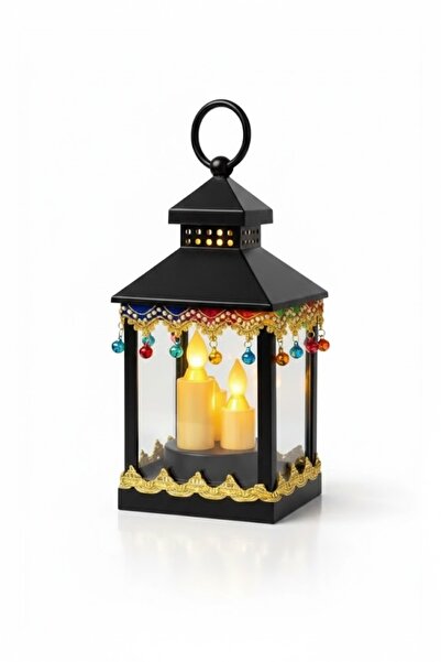 Generic A black Ramadan lantern with a safe LED candle and colorful decoratio...