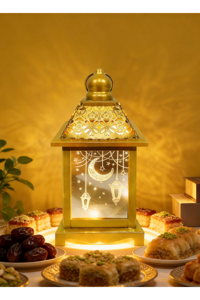 Pomefar 8in Gold Ramadan Lantern with LED Candle, Warm White Ramadan Decorati...