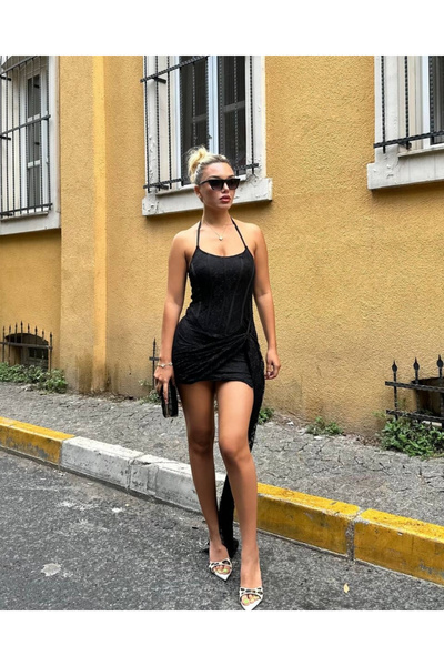 Afitapbutikmoda Boyundan Baglamalı Kuşak Detay Drapeli Dantel Mini Elbise