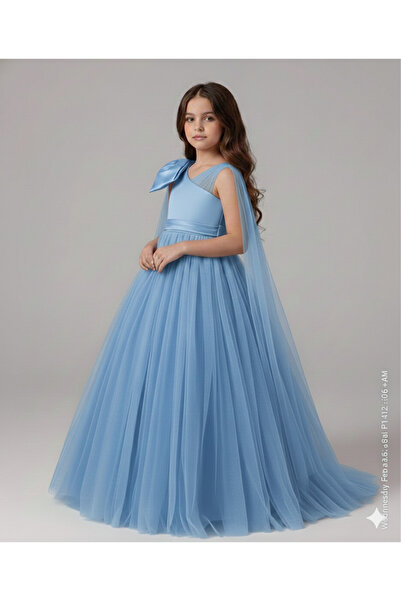 Star Kids Rochie albastră cu fundă pe un singur umăr pentru fete, rochie de a...