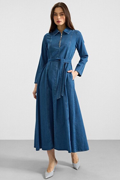 Olcay Shirt Collar Zipper Detailed Flared Denim Dress Blue 9389-E