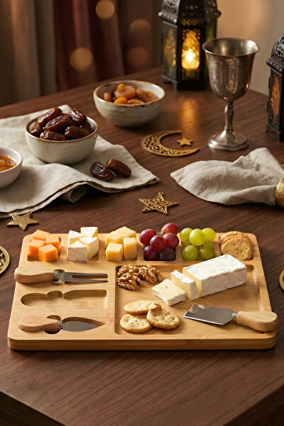 ÖzSa Home 4 قطع من ألواح تقديم الجبن الخشبية ذات 7 أقسام وشوكة - ملعقة - طقم ...