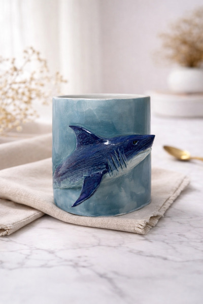Me Design Decor El Yapımı Seramik Köpekbalığı Figürlü Mavi Kupa - Dekoratif v...