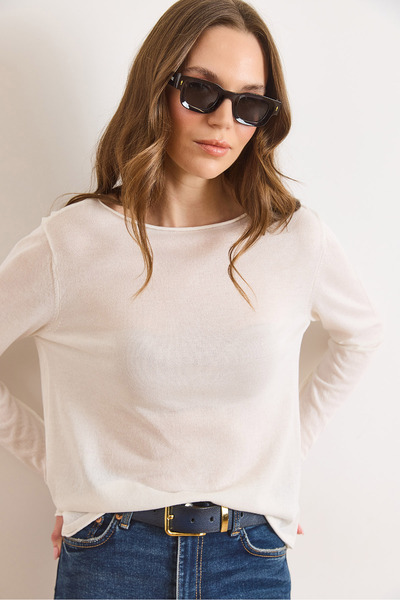 Olalook Women's White Boat Neck Transparent Seasonal Knitwear Blouse Blz-1900...