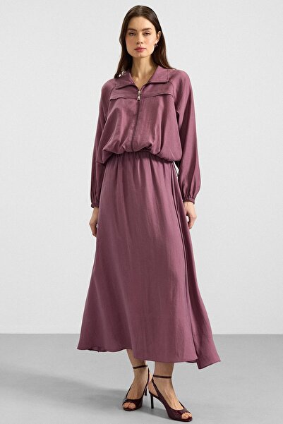 Olcay Zipper Closure Soft Fabric Skirt Jacket Set Dried Rose 9390-Tk