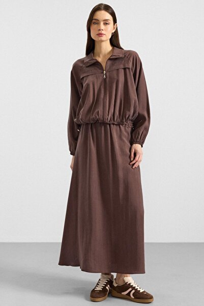 Olcay Zipper Closure Soft Fabric Skirt Jacket Set Brown 9390-Tk