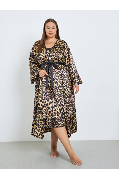 Take Two By Styli Plus Size Women Leopard Print Robe and Satin Slip Dress