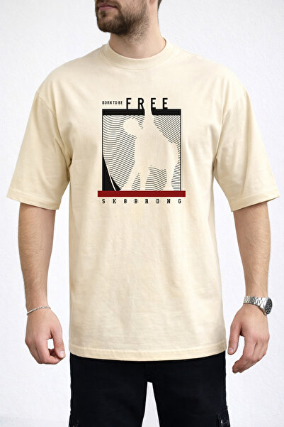 caddekombin Tricou bej pentru bărbați, cu decolteu rotund și imprimeu text Bo...